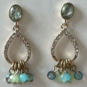 Gold tone drop posts with blue green beads and white brilliant stones.